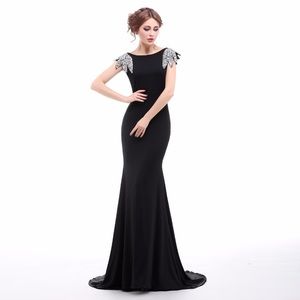 Backless Long Black Evening Dress w/ Padded Silver Sequin Shoulders